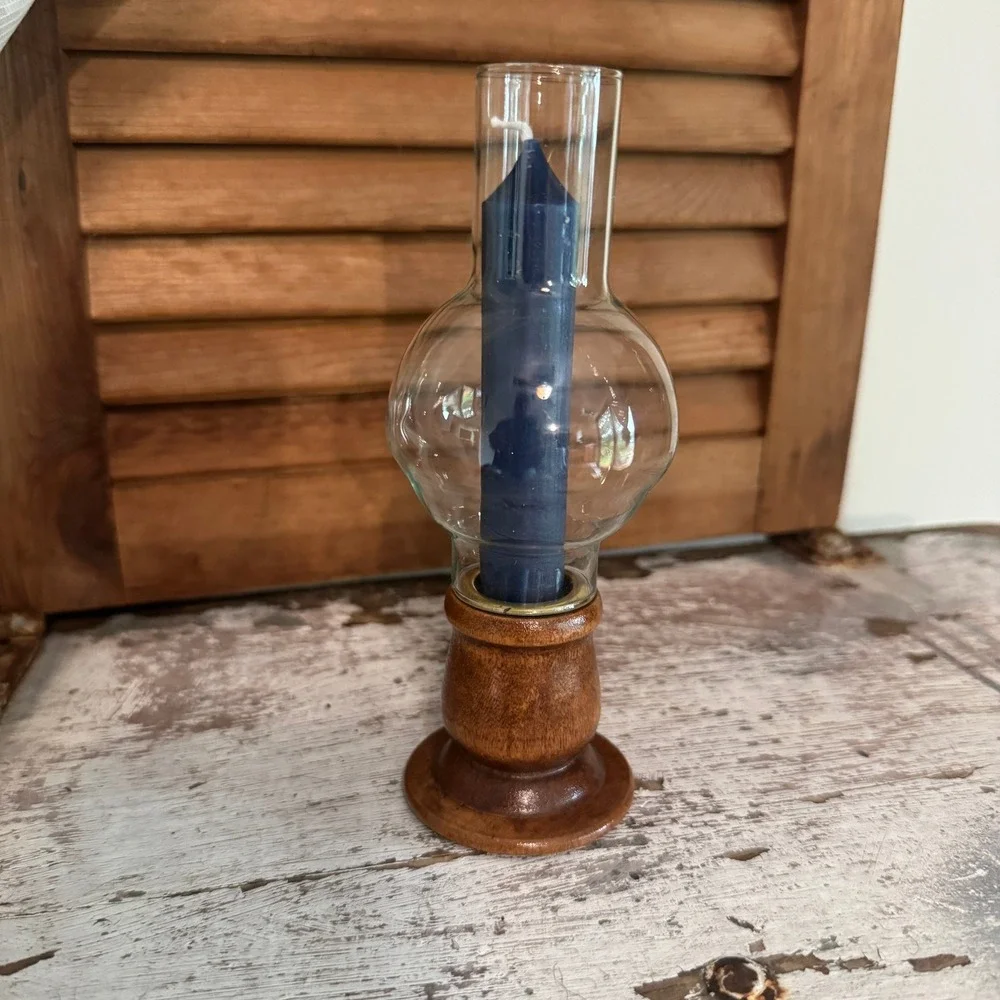 Vintage Wood and Glass Hurricane Candle Lamp with Navy Taper Candle Mantle Decor